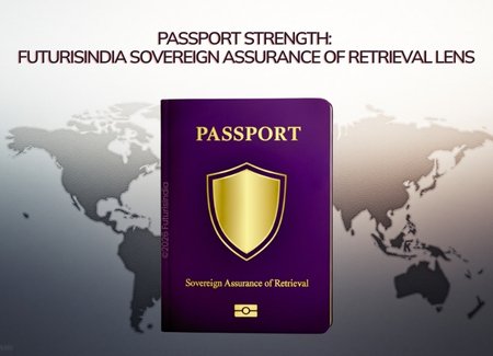 Report cover for the FuturisIndia SAR Lens, featuring a purple passport with a gold shield over a world map. The header reads 'PASSPORT STRENGTH: FUTURISINDIA SOVEREIGN ASSURANCE OF RETRIEVAL LENS.' The report introduces a new paradigm for passport strength: a State’s sovereign assurance to retrieve its nationals from peril.
